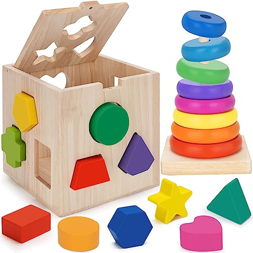 Image of Aigybobo Learning Toys for 1,2,3 Year Old Toddlers, Montessori Toys, Wooden Educational Toys for Baby Boys and Girls 12-18 Months, Stacker Toy, Kids Birthday