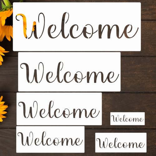 6 Pack Different Sizes Welcome Stencil Templates for Painting on Wood, Reusable Letter Stencils for Chalkboard Wood Crafts Signs & Home Front