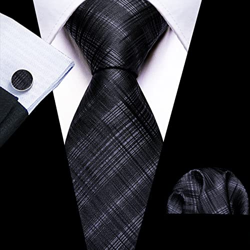 Image of Barry.Wang Tie Sets for Men Silk Stripe Necktie Woven Checkered Handkerchief Cufflinks Formal Business Wedding