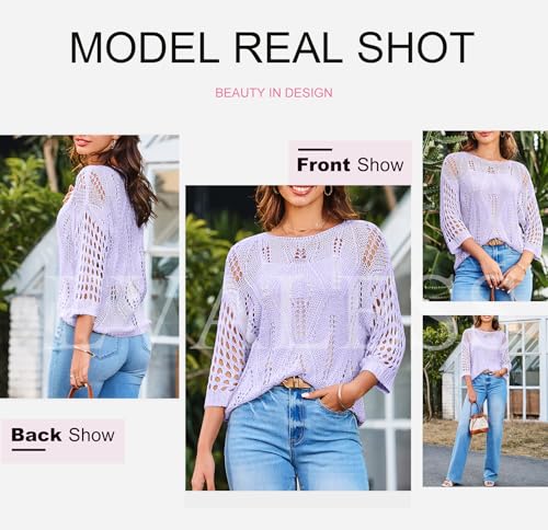 Image of EVALESS Womens Crochet Hollow Out Knit Tops Half Sleeve Spring Summer Sweaters Beach Cover Ups for Women Trendy 2026