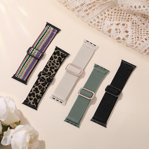 Image of Easuny 5 Pack Stretchy Bands Compatible with Apple Watch 40mm 41mm 42mm 38mm 44mm 45mm 46mm Women, Elastic Fabric Nylon Strap Wristband for iWatch SE 3 2 1 Series 11 10 9 8 7 6 5 4 3 Boho Solo Loop