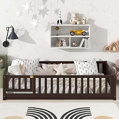 Espresso Twin Size Montessori Floor Bed Frame with Convertible Door
