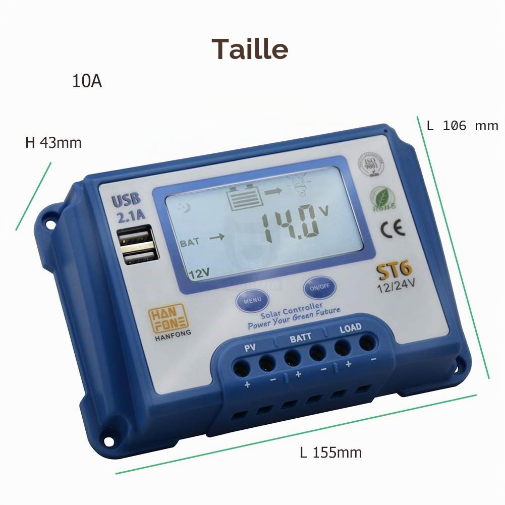 SolaMr 10A Régulateur de Charge Solaire 12V/24V Contrôleur de Charge Solaire avec Écran LCD et Double Port USB pour Batterie de Panneaux Solaires - ST6-10A