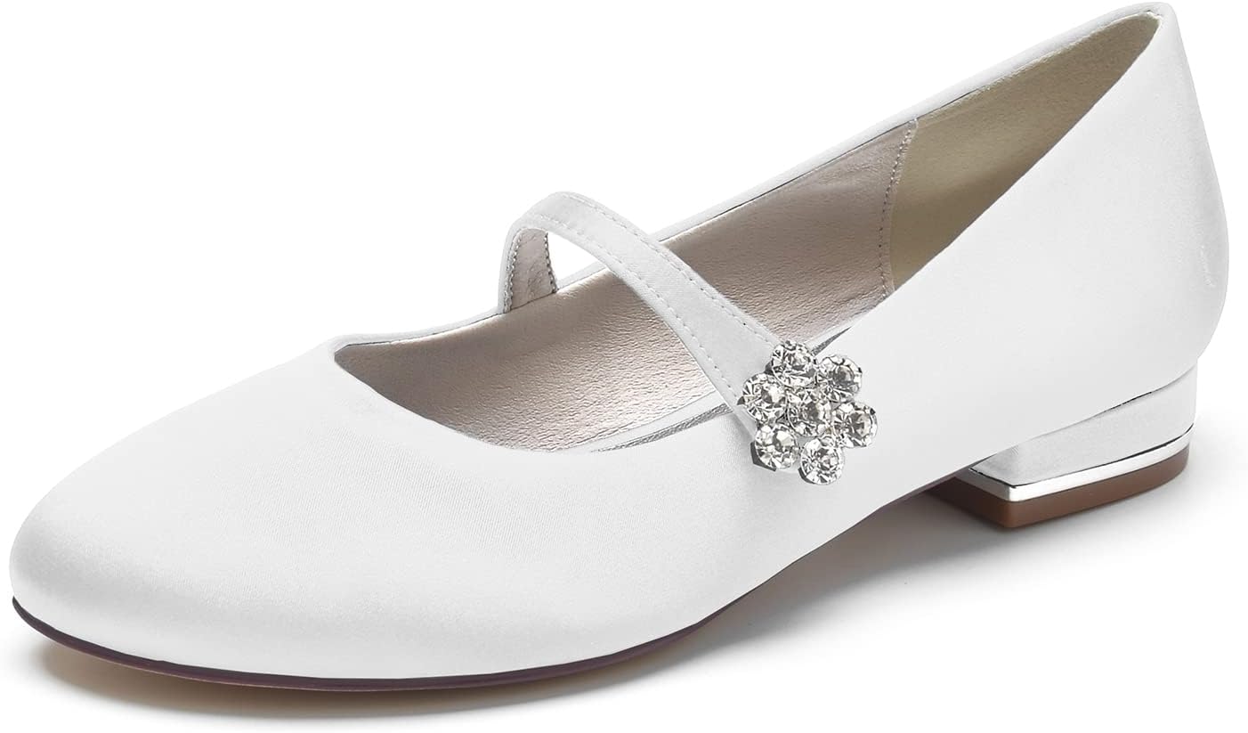 Women's Mary Jane Flats Satin Round Toe Ankle Strap Ballet Flats Dress Shoes for Special Occasions