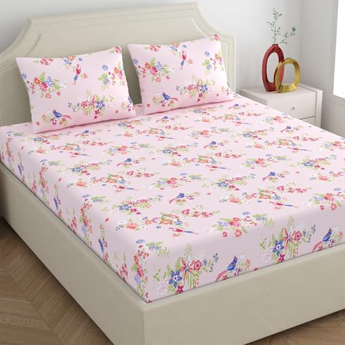 Image of Home Ecstasy 100% Cotton Double Bedsheet with 2 Pillow Covers - (Size 87 x 94 inches, 140 TC, Colour - Pink: Blushed Petal)