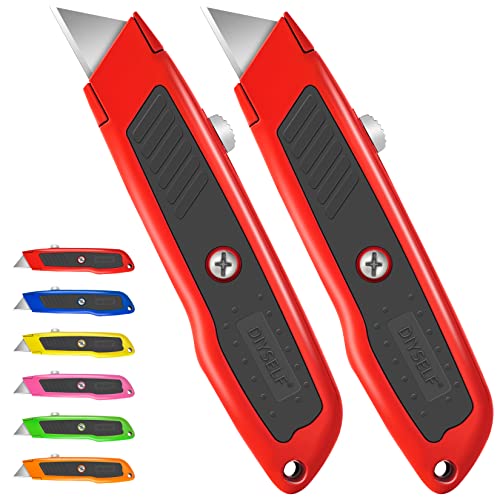 Image of DIYSELF 2 Pack Box Cutter Retractable, Box Opener Tool Exacto Knife, Razor Knife Blade, Aluminum Alloy and Non-slip Rubber Handle, Heavy Duty Utility Knife for Carton, Cardboard and Box (Red)