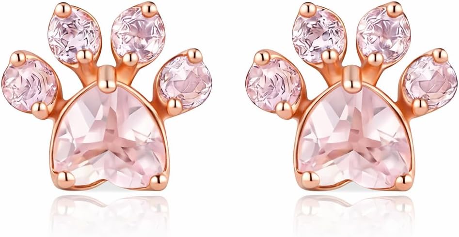 Rose Gold Cat Stud Earrings, Dog Paw Earrings, Pink Glass Crystal, Rhinestone Accents, 0.63 x 0.35 inches - Cat Earrings Gift