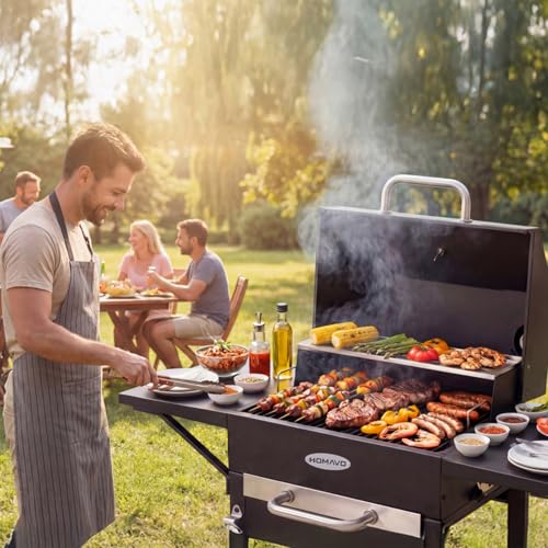 HOMAVO Holzkohlegrill mit Deckel, Grillwagen BBQ Smoker, Grillfläche: 45×32 cm, Seitentisch, Temperaturanzeige