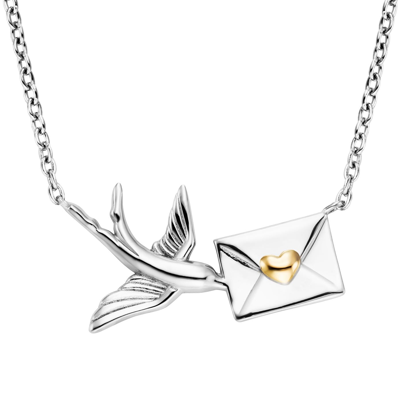 Engelsrufer ERN-LOVE-BIR - Collana da donna in argento Sterling con cuore e rondine, chiusura a moschettone, senza nichel, 40 + 4 cm, 50 cm, Argento sterling, Nessuna pietra preziosa