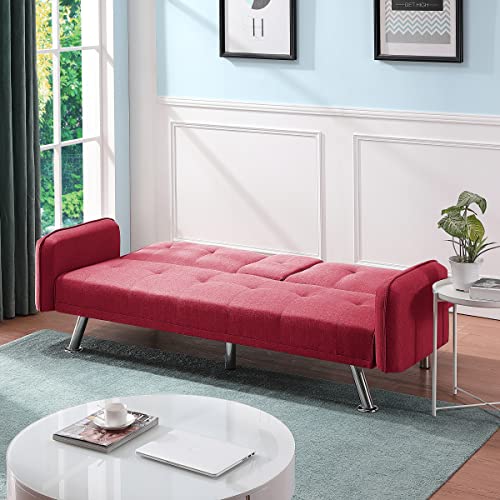Lch Convertible Sofa Adjustable Couch Sleeper Modern Faux Leather Home Recliner Reversible Loveseat Folding Daybed Guest Bed, Removable Armrests，Cup Holders, 3 Angles, Red #TOP3