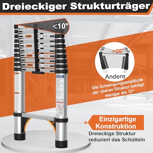 HBTower Teleskopleiter 3,2 m aus Aluminium, Klappbare Ausziehleiter mit Rutschfesten Füßen, Leicht & Kompakt, Tragkraft 150 kg, Ideal für Deckenarbeiten & Dachböden, Silber