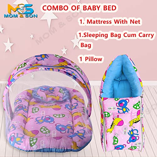 Image of MOM & SON Baby Bedding Set Mattress with Net & Baby Sleeping Bag (0-3 Months) (Pink & Green)