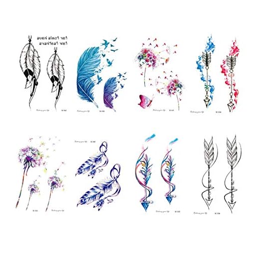 Freesiom Kit de 8 Feuilles Tatouage Ephémère Temporaire Femme Fleur Flower Plume Fleche Tatoo Étanche Métalliques Tatouages Autocollants Cadeau Pas Cher