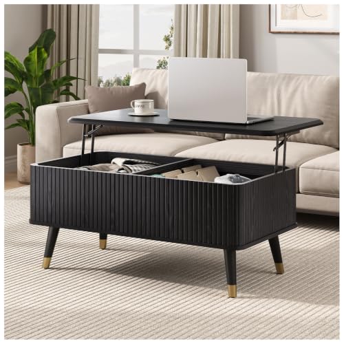 Image of JOINICE 38 inch Lift Top Coffee Table with Storage for Living Room,Black | Large Hidden Storage,Minimalist Modern Style,Fluted Center Table with Wooden Legs,Lifts to 23 inch,Holds 88lbs,Easy Assembly