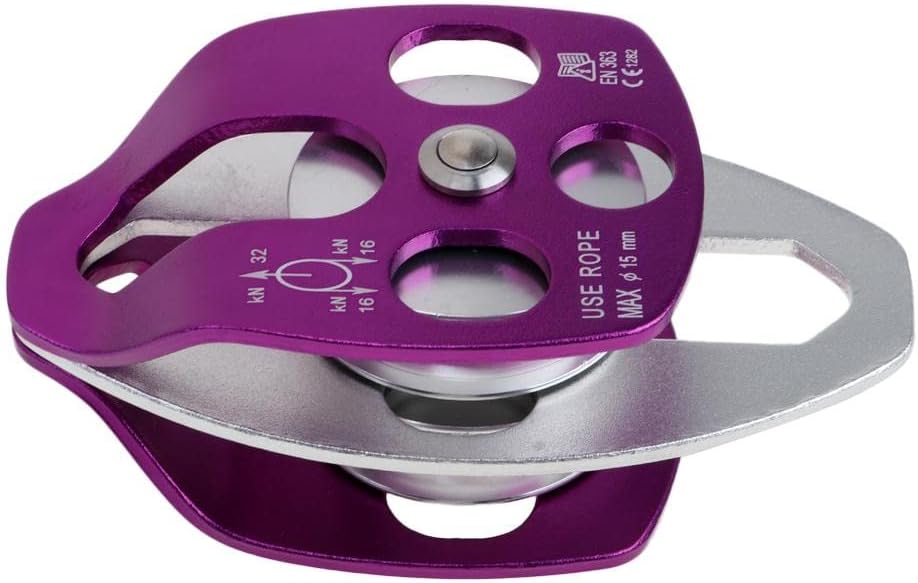 32KN Heavy Duty Climbing Pulley Dual Sheave Ball Bearing Arborist Tool for 15mm Rope Rigging Mountaineering, CE Certified, Weight &, for Tree Working and Rock Climbing - Purple