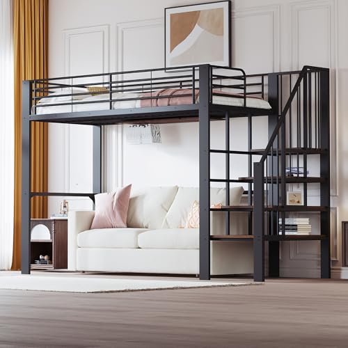 Moimhear Cama alta 90 x 200 cm, cama infantil, cama de hierro, estructura metálica, con amplio espacio de almacenamiento debajo de la cama y escaleras, para niños, adultos, cama de almacenamiento
