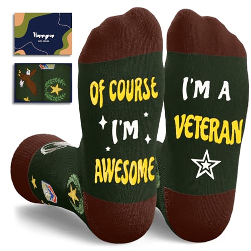 HAPPYPOP Military Gifts for Men - Army Navy Air Force Marine Corps Socks for Veterans Day (Awesome Veteran Dark Green)