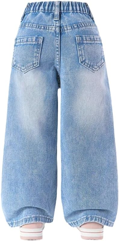 Nivne Tco Toddler Girls Jeans Straight Leg with Cute Heart Patches, Casual 5-Pocket Elastic Waist Blue Denim Pants