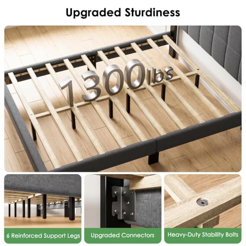 Image of Marsail Queen Size Bed Frame with Upholstered Adjustable Headboard, Fits 6-12 Inch Mattress, 1300 lbs Capacity, 12 Sturdy Solid Wood Support Legs, Easy Assembly, Dark Gray