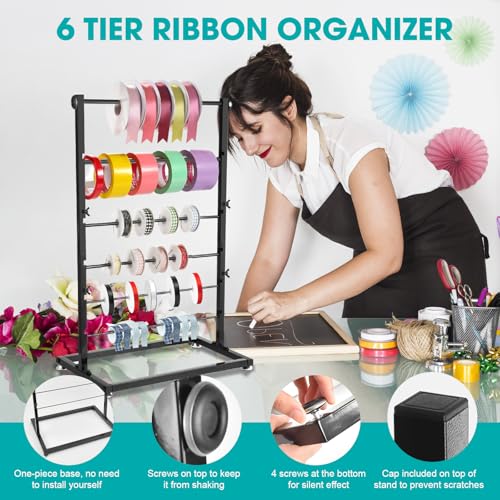 Image of 6 Tier Metal Ribbon Organizer, Height Adjustable Metal Spool Ribbon Holder Storage Organizer Rack for Craft Room Flower Shop Gift Wrapping Large Capacity 17.32 x 27.55in