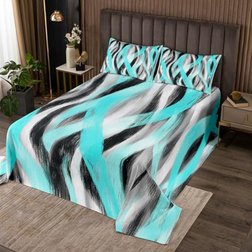 Erosebridal Geometric Turquoise Coverlet Set Queen Modern Abstract Bedspread Black Grey Teal Quilt for Kids Boys Girls Geometry Swirl Stripes Bedding Set Room Decor 3 Pcs