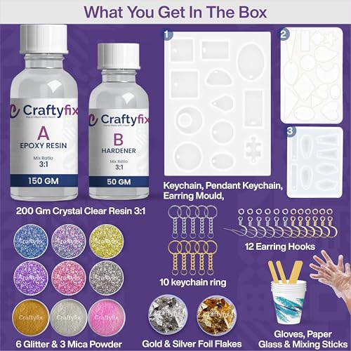 Image of Craftyfix DIY Resin Art Kit with 200 Gm Resin and 3 Keychain Earring Making Mould Kit with Glitter Mica and More, Multicolour