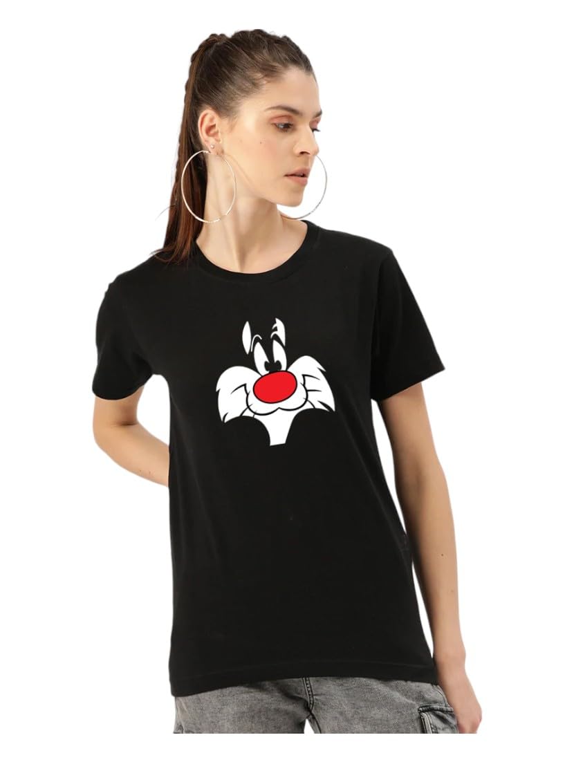 Cotton Blend Round Neck Half Sleeve Printed T Shirt for Women, Pack of 1, Black, WHS BK-040