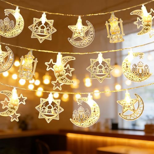 Moon Star String Lights 10FT 20 LED Star Fairy Lights Ramadan Lights with Battery & USB Powered 2 Lighting Modes Waterproof Eid Mubarak lights for Ramadan Decorations Christmas New Year Wedding Party