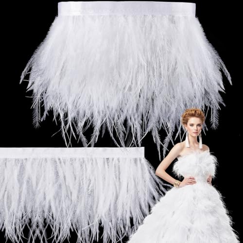 Janinka 10 Yards White Ostrich Feathers Trims 3-4 Inch Feathers Fringe Trim Ribbon for DIY Dress Sewing Crafts Halloween Costumes Accessories
