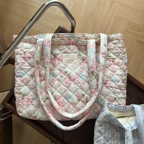 Image of Floral Quilted Cotton Shoulder Bag for Women Medium Size Handbag Large Capacity Thickened Design Tote