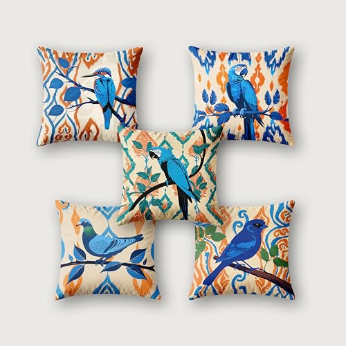 Image of Ultimate Trends Digital Printed Soft Cotton Feel Polyester Decorative Cushion Cover, Modern Eligent Designs, Heavy Long Life Fabric,12 inch X 12 inch Set of 5,Blue Birds