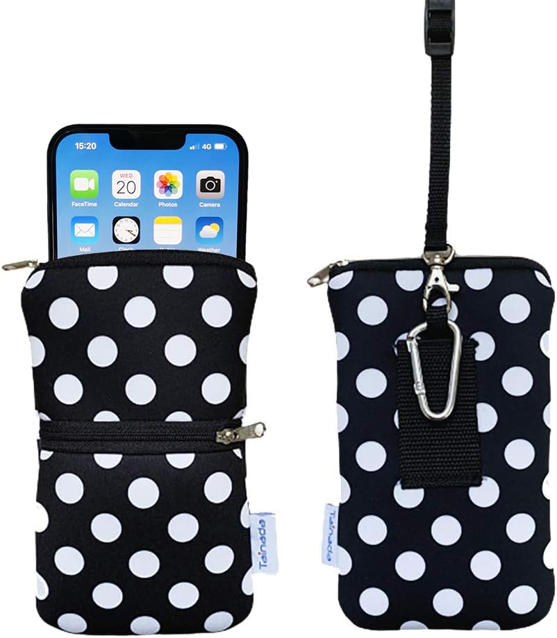 Image of Tainada 2-Zip Neck Phone Pocket Bag w /Belt Loop (Black White Polka Dots) | For Men /Women; Water-resistant neoprene pouch, shockproof, lightweight, w /carabiner; Compatible with most of smartphones