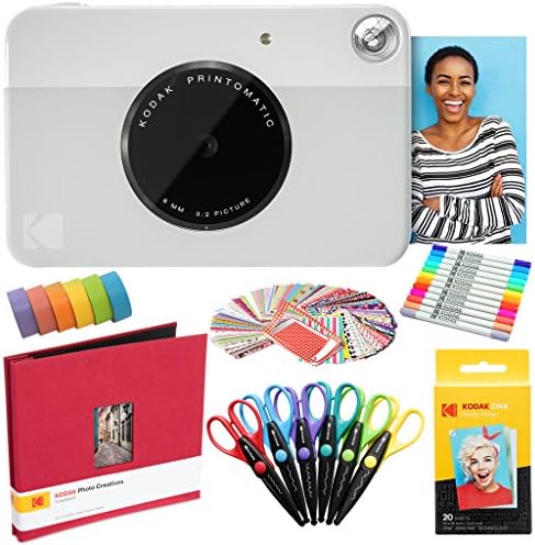 Kodak Printomatic Instant Camera (Grey) Art Bundle + Zink Paper (20 Sheets) + 8x8 Cloth Scrapbook + 12 Twin Tip Markers + 100 Border Stickers + 6 Decorative Scissors + Washi Tape