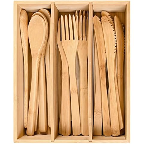 Bamboo Cutlery Reusable with Silverware Organizer, 16Pcs Bamboo Flatware Set with Bamboo Forks Spoons Knives, Reusable Bamboo Cutlery with Portable Storage Case for Home and Travel Camping Hiking Cover