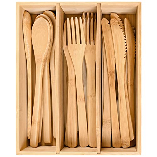Bamboo Cutlery Reusable with Silverware Organizer, 16Pcs Flatware Set with