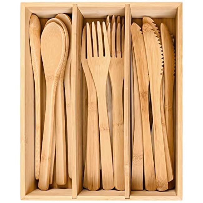 Bamboo Cutlery Reusable with Silverware Organizer, 16Pcs Flatware Set with Bamboo Forks Spoons Knives, Reusable Cutlery with Portable Storage Case for Home and Travel Camping Hiking