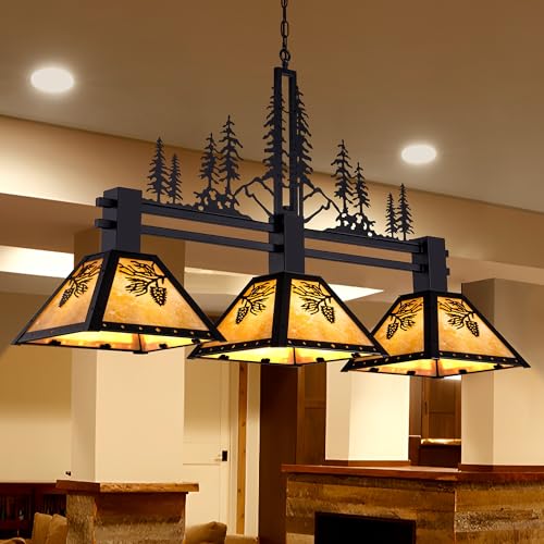 TOCHIC 3-Light Pool Table Light for 7\' 8\' 9\' Table, 48\" Rustic Tiffany Billiard Pool Table Lights, Farmhouse Chandelier for Dining Room Hanging Ceiling Light Fixture for Game Room Basement Bar