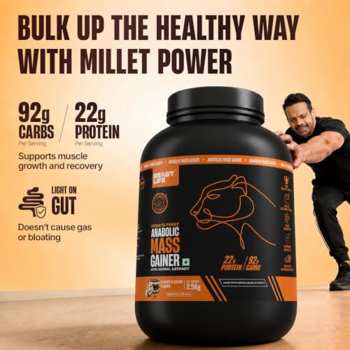 Image of BeastLife High Protein Mass /Weight Gainer | 2.5 KG | Cookies & Cream | NABL LAB Tested | For Muscle Gain & Fast Growth | Cereal-Based Formula, No Maltodextrin | India's #1 Cereal Based Bulk Gainer