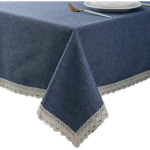 EHouseHome Faux Linen Tablecloth with Lace Trim - Waterproof/Spill Proof/Stain Resistant/Wrinkle Free/Oil Proof - for Banquet, Parties, Dinner,Wedding,Holiday,Denim Blue Rectangle 60x120Inch Cover