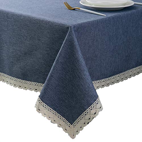 Ehousehome Faux Linen Tablecloth With Lace Trim - Waterproof/Spill Proof/Stain Resistant/Wrinkle Free/Oil Proof - For Banquet, Parties,Dinner,Kitchen,Wedding,Holiday,Denim Blue Rectangle 60X84Inch #TOP2