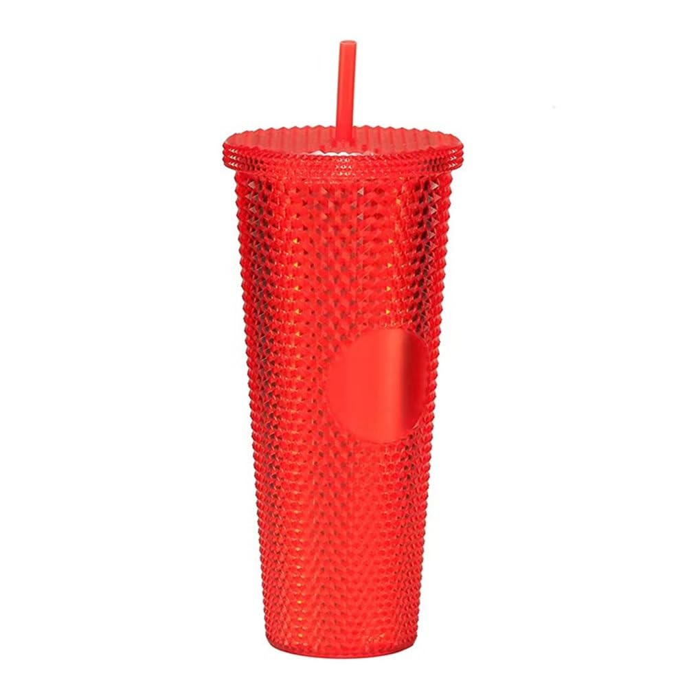 RYHMHA Diamond Plastic Thermal Mug with Straw and Lid，Double Walled Cold Cup，Iced Cold Drinking Coffee Travel Mug 24oz Party Tumbler-Black (Red)