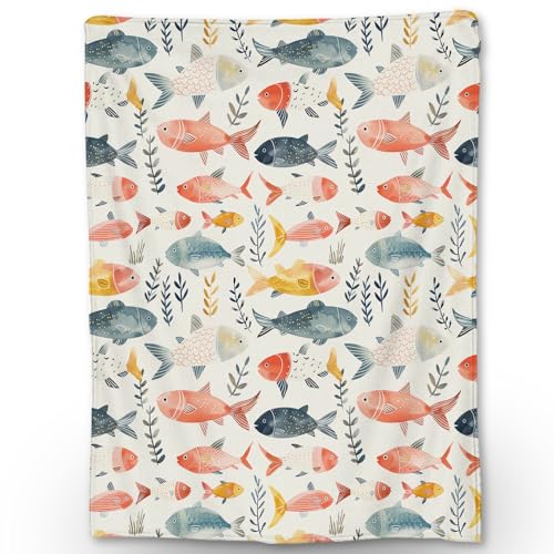 Image of Ti Caldi Watercolor Fish Blanket | Soft Warm Fuzzy Lightweight Flannel Throw Blanket Perfect for Couch, Bed, Decor, Travel & Outdoor Use, Cozy Blankets for Adults Kids Women Girls 60×50 in