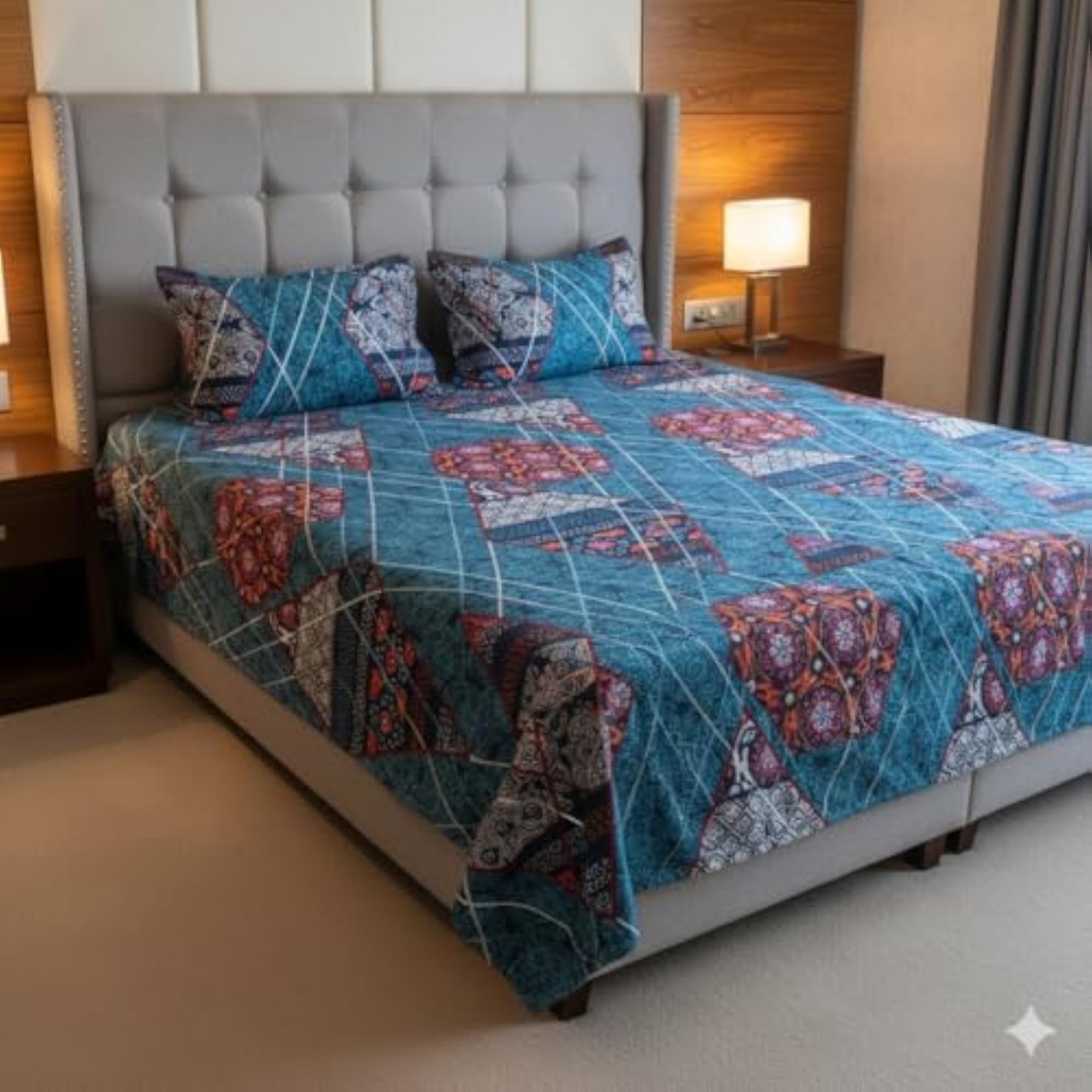 Quilted Bedspread Set with Pillow Covers, Teal Blue