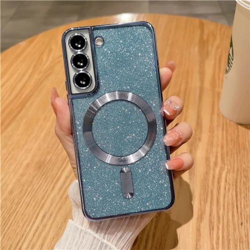 Coque Samsung S24 magnétique en TPU souple bleu sierra pailleté