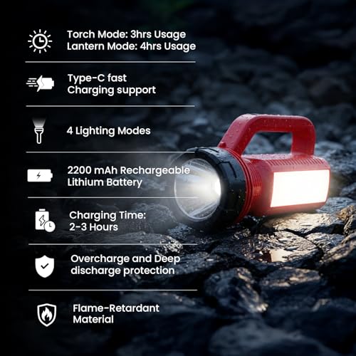 Image of Wipro Onyx Emergency Flash Light | Long Range Torch with Upto 4 Hours Back up | 10w Torch with 2200 mAh Battery and Type C Fast Charging | 4 Modes of Lights | Pack of 2