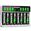 BATZONE Akku Ladegerät mit 8 x AA Akkus, 8-Ladeplatz Großer LCD-Bildschirm Batterie Ladegerät, für Mignon AA und Micro AAA, für NI-MH/NI-CD wiederaufladbar AA/AAA Batterien