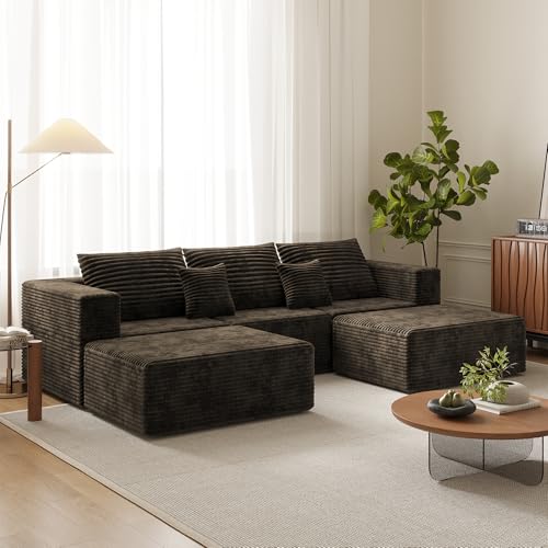 Image of 110 inch Modern Fabric Boneless Couch with Deep Seat, Sectional Couches for Living Room, Upholstered Cloud Sofa with 2 Ottoman, No Assembly Required (U Shaped Sofa)