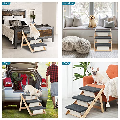 Sweetbin Wood Pet Stairs/Pet Steps For All Dogs And Cats - 2-In-1 Foldable Carpeted 3 Tiers Dog Stairs & Ramp Perfect For Beds And Cars - Portable Dog/Cat Ladder Up To 150 Pounds #TOP4