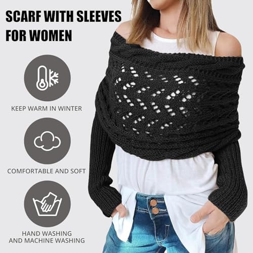 Baonmy Scarf with Sleeves for Women, Shawl Wraps Knitted Cable Crochet Multifunctional Scarf Sweaters with Sleeves2