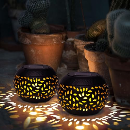 Solar Lanterns Waterproof Outdoor - 2 Pack Hollow Out Retro Metal Solar Lights, Unique Gardening Gifts for Women Mom, Outside Garden Yard Porch Lawn Indoor Tabletop Decorations